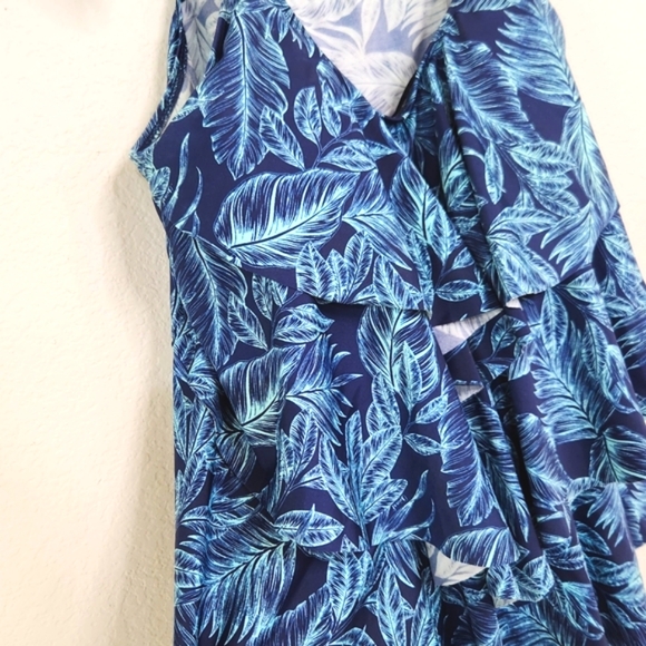 Cadocado Tankini Swimsuit Blue Palm Tree Leaves 3 Tier Ruffle Top Sz 20 XXL Exc - Picture 10 of 15